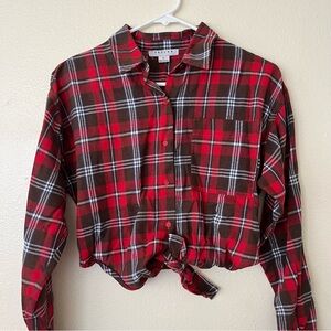 Red Plaid Button-Up Cropped Shirt